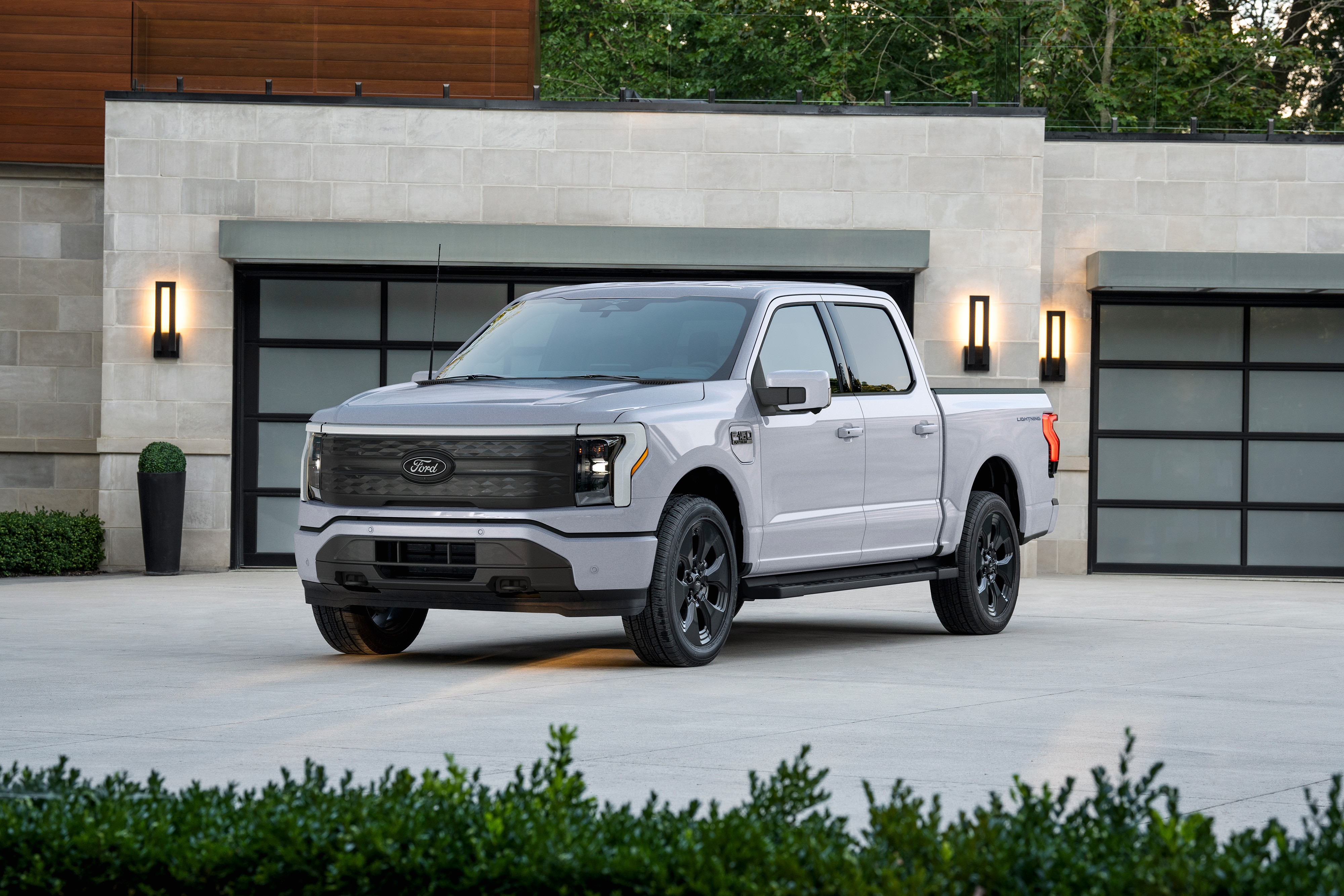 The 2025 F-150® Lightning® Platinum Dark Elements package in Space White.